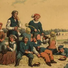 Grupa ludzi w strojach ludowych odpoczywa na polu. W tle widać domy i snopki siana. Obraz symbolizuje uwłaszczenie chłopów i wolność.