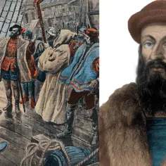 Ferdynand Magellan na pokładzie statku, ukazujący swoje odkrycia. Obok jego portret.