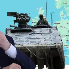 Władimir Putin na tle mapy Europy i czołgu, symbolizującego nową żelazną kurtynę.