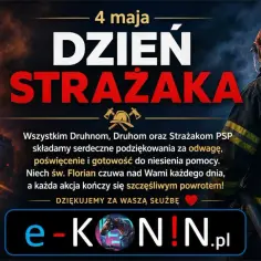 4 maja, Dzień Strażaka. Strażacy gaszą pożar, w tle wóz strażacki i herb. Podziękowania za służbę.