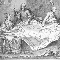 Trzej władcy dzielą mapę Polski, symbolizując II rozbiór Polski. Kobieta w żałobie patrzy na okaleczoną ojczyznę.