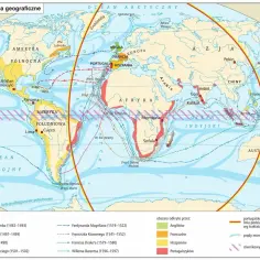 Mapa wielkich odkryć geograficznych. Pokazuje trasy wypraw, co odkrył Bartłomiej Diaz (Przylądek Dobrej Nadziei), oraz obszary odkryte przez Portugalczyków.