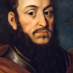 Portret mężczyzny z brodą i wąsami, w zbroi i czerwonym płaszczu, ozdobionym broszą. Może to być jeden z mężów żony Jagiełły.