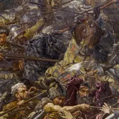 Jan Matejko "Bitwa pod Grunwaldem" - zgiełk i chaos bitwy, rycerze w zbrojach, konie, broń.