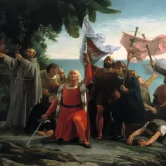 Kolumb ląduje na nowej ziemi, wznosząc flagę. Ta wyprawa, która zmieniła bieg historii, trwała 70 dni.