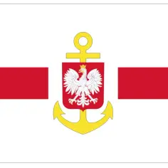 Biała flaga z dwoma czerwonymi pasami i kotwicą ze znakiem orła. To znak bandery polskiej Marynarki Wojennej.