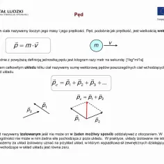 Pęd ciała to iloczyn masy i prędkości. Wzór p=m*v. Ilustracja przedstawia wektorowy pęd układu.
