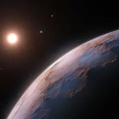 Widok z kosmosu na skalistą planetę oświetloną przez gwiazdę Proxima Centauri.