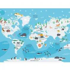 Mapa świata z kontynentami i zwierzętami. Widać pięć oceanów: Spokojny, Atlantycki, Indyjski, Arktyczny i Południowy.