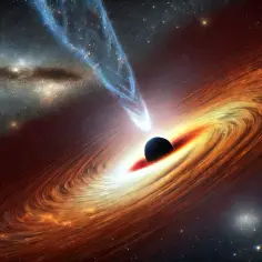 Wirujący dysk akrecyjny wokół czarnej dziury Sagittarius A*, z dżetem materii wyrzucanym w przestrzeń kosmiczną.