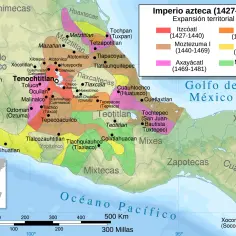 Mapa pokazuje ekspansję Imperium Azteków od 1427 do 1520 roku, z zaznaczonymi podbojami poszczególnych władców.