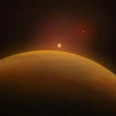 Widok z kosmosu na pomarańczową planetę, nad którą widać dwa słońca i gwiazdy. To fascynujący układ planet.