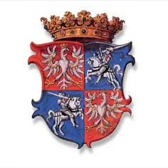 Herb z koroną, podzielony na cztery części: dwa orły i dwóch rycerzy na koniach. Rok 1569 widnieje na tarczy.