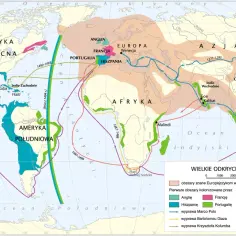 Mapa wielkich odkryć geograficznych. Pokazuje trasy wypraw Kolumba, Vasco da Gamy, Magellana i innych. Kto odkrył Afrykę? Mapa pokazuje odkrycia Portugalczyków wokół Afryki.