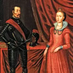 Portret pary królewskiej: mężczyzna w zbroi, kobieta w czerwonej sukni, której wygląd przypomina Elżbietę Rakuszankę.