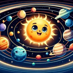 Słoneczko z uśmiechniętą buźką otoczone planetami i asteroidami krążącymi po orbitach.