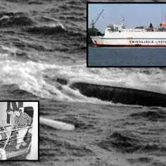 Tragiczny rejs promu Jan Heweliusz, który zatonął w 1993 roku. Zdjęcia pokazują statek przed katastrofą i jego fragmenty na wzburzonym morzu.