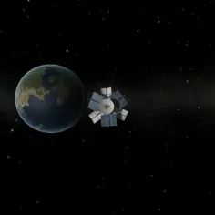 Satelita geostacjonarny z panelami słonecznymi krąży wokół Ziemi na tle gwiezdnego nieba.