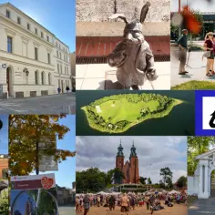 Kolaż zdjęć z tras turystycznych, w tym z szlak piastowski. Widoki miast, zabytków, przyrody i wydarzeń historycznych.