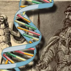 DNA symbol łączy wizerunki wojownika i władcy, symbolizując dziedzictwo Piastów.