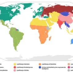Mapa świata pokazująca, co to jest cywilizacja, podzielona na regiony: zachodnią, prawosławną, latynoamerykańską, islamską, hinduską, chińską, afrykańską, japońską, byłe kolonie brytyjskie i tereny niezamieszkałe.