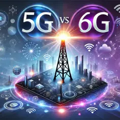 Porównanie 5G i 6G: futurystyczna wizja sieci nowej generacji z wieżą telekomunikacyjną i symbolami technologii.