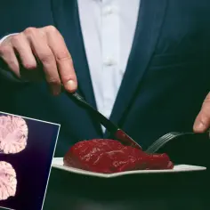 Przedstawienie mózgu z widocznymi zmianami, sugerującymi chorobę kuru, obok surowego mięsa.