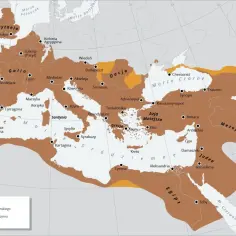 Mapa Imperium Rzymskiego z zaznaczoną Galią, Hiszpanią, Brytanią, Egiptem i Mezopotamią. Kolor brązowy oznacza terytorium, pomarańczowy państwa wasalne.