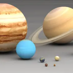 Porównanie planet Układu Słonecznego: Jowisz, Saturn z pierścieniami, Uran, Neptun, Ziemia i mniejsze planety. Widać, jak niewielka jest średnica Ziemi wobec gigantów.