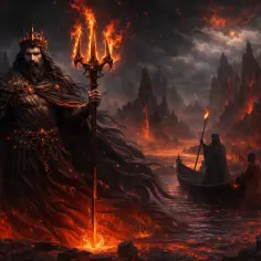 Hades bóg, władca podziemi, z płonącym trójzębem w dłoni, stoi na tle ognistego krajobrazu. Charon przewozi dusze przez rzekę.