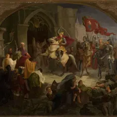 Rycerz na białym koniu, z mieczem wzniesionym do góry, wjeżdża do miasta. W tle widać armię i tłum ludzi. Numer 1025.