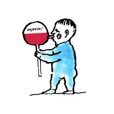 Dziecko w niebieskim ubranku liże lizaka w barwach narodowych z napisem "GAJEWSKI!". Czy to symbol naiwności wobec liberalizmu?