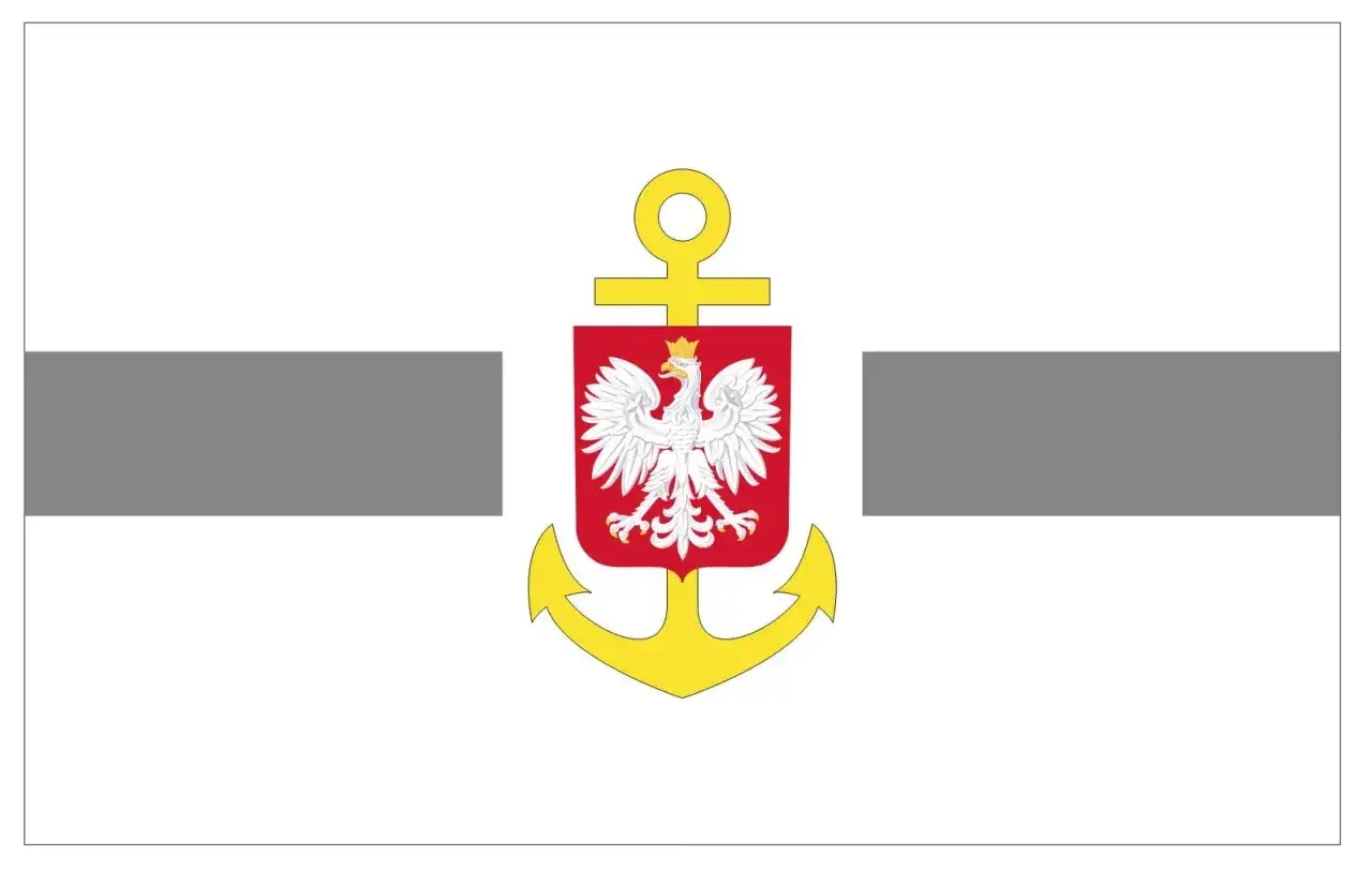 Biała bandera z kotwicą i godłem Polski. Znak bandery marynarki wojennej.