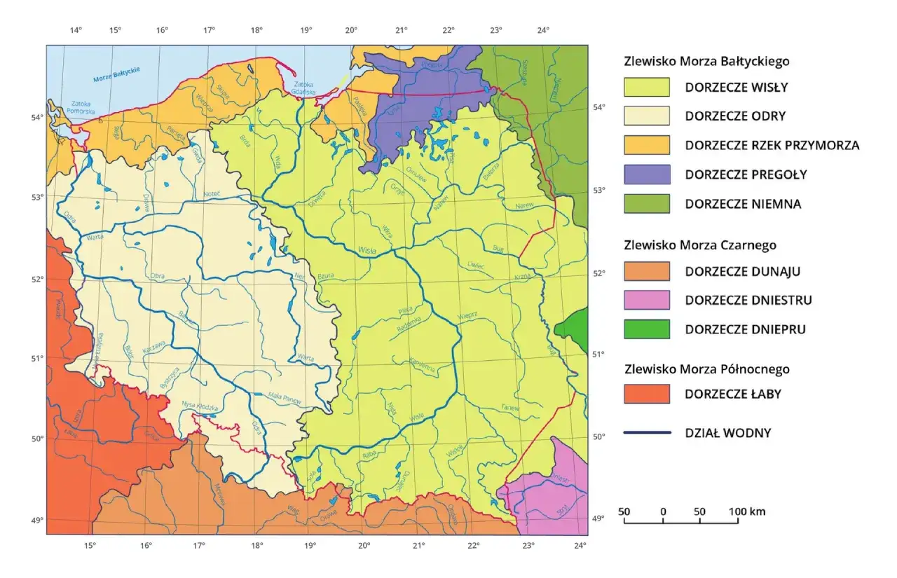Mapa Polski z zaznaczonymi zlewiskiem Morza Bałtyckiego, gdzie dominuje dorzecze Wisły, oraz innymi dorzeczami.
