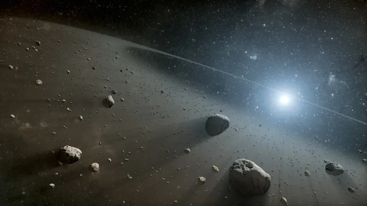 Gęsty pas skalnych odłamków, każdy asteroid, wiruje wokół odległej gwiazdy.