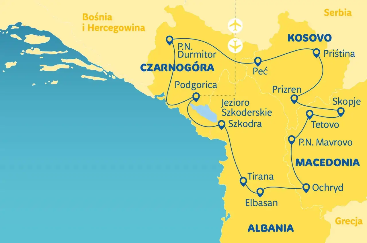 Mapa turystyczna Bałkanów: Czarnogóra, Kosowo (najmłodsze państwo Europy), Macedonia, Albania. Trasa obejmuje Durmitor, Jezioro Szkoderskie, Ochryd.