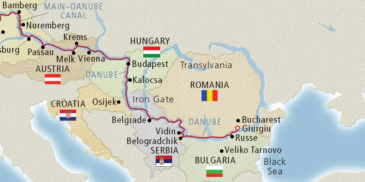Mapa Europy Środkowej z zaznaczoną trasą wzdłuż Dunaju, łączącą miasta takie jak Wiedeń, Budapeszt i Belgrad.