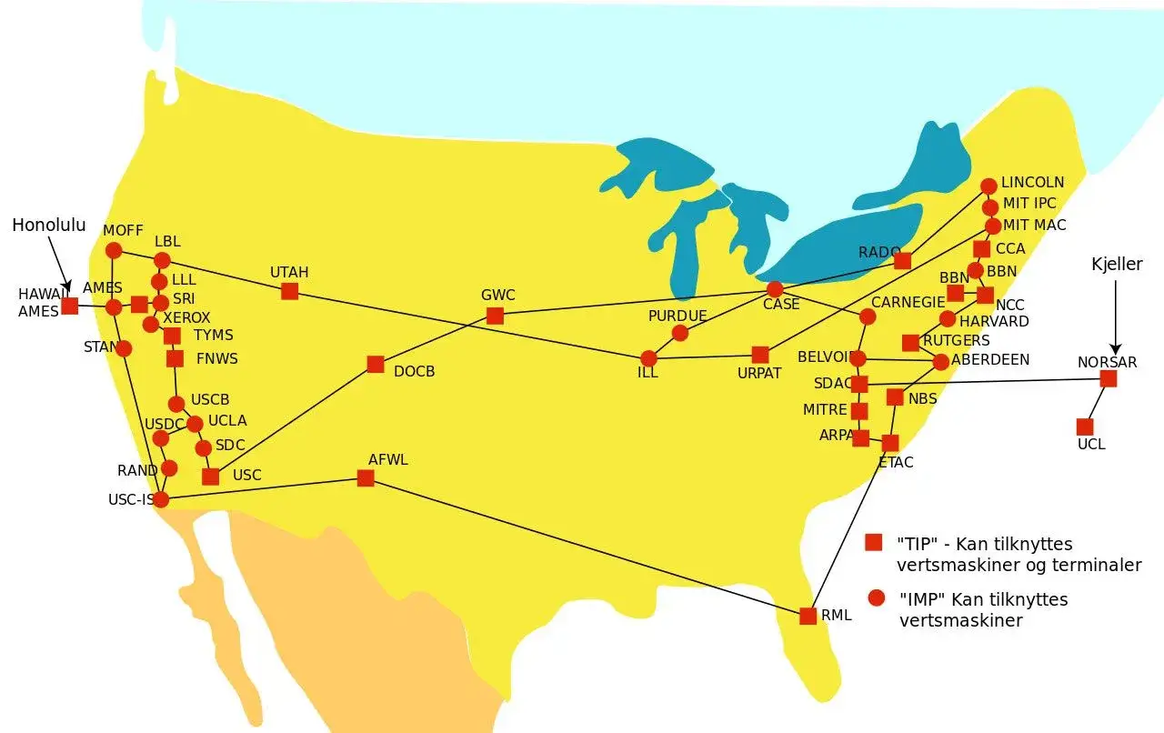 Mapa sieci ARPANET, prekursora internetu. Pokazuje połączenia między instytucjami, które przyczyniły się do rozwoju technologii, odpowiadając na pytanie, kto wynalazł internet.