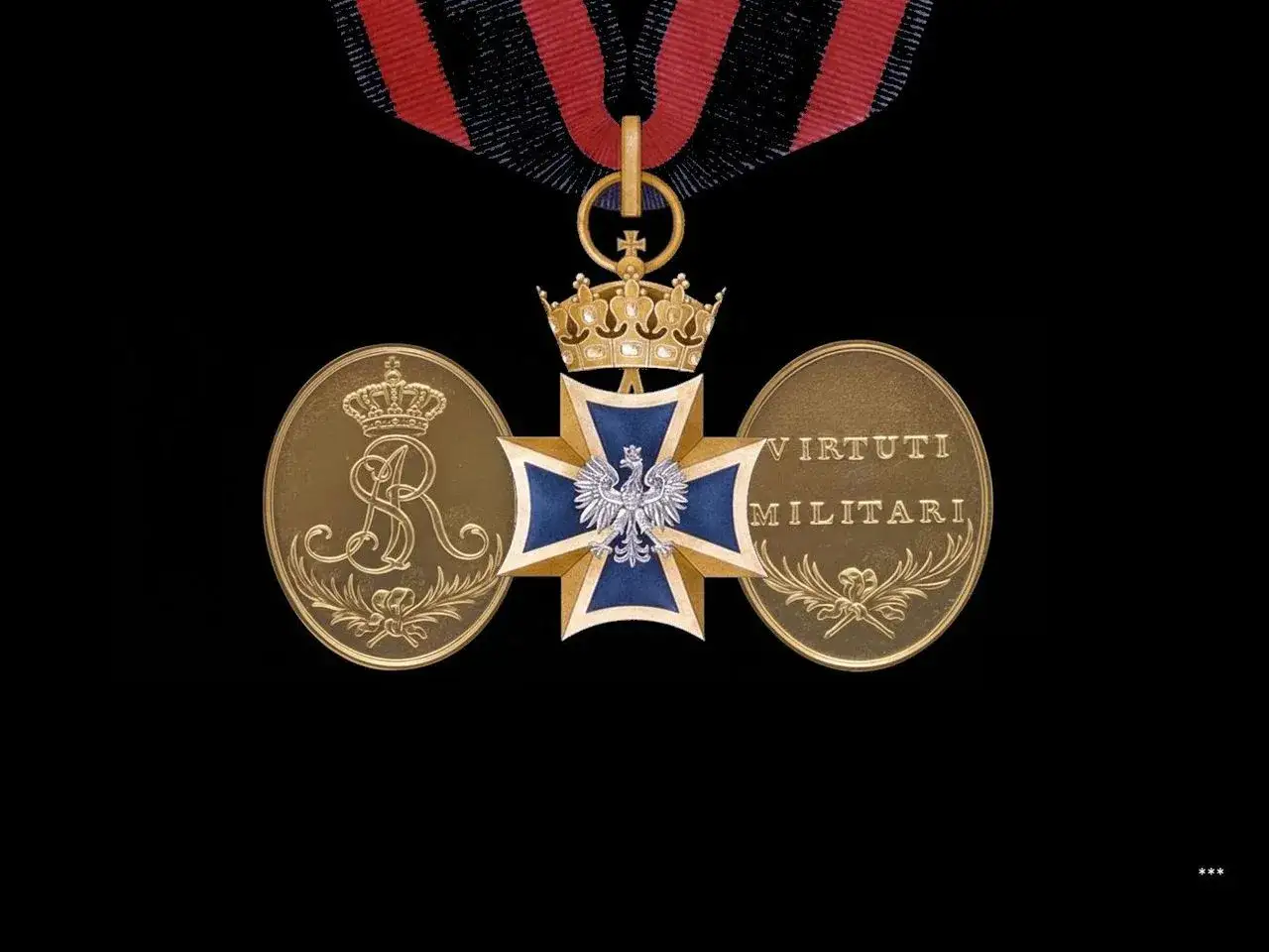 Order Virtuti Militari, polski krzyż z orłem i koroną, z medalionami po bokach. Symbol odwagi i zasługi.