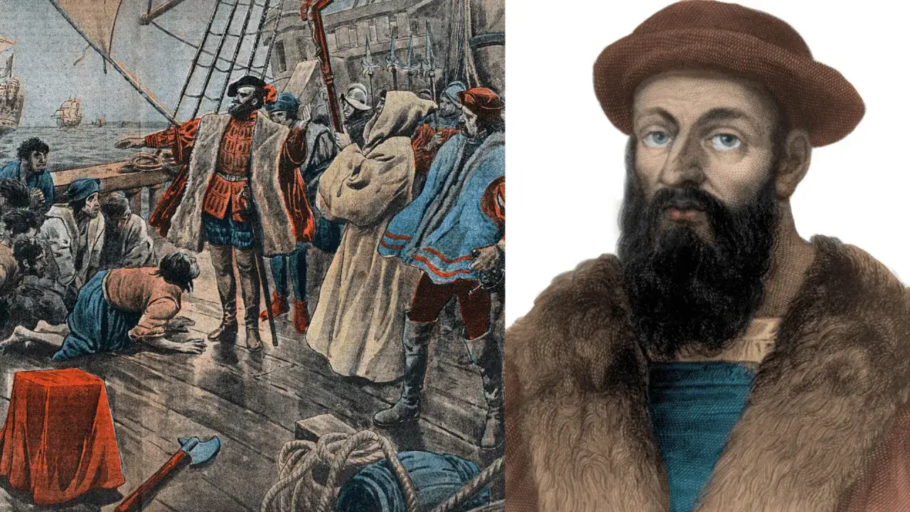 Ferdynand Magellan, dowódca wyprawy, która udowodniła, czy Magellan opłynął świat. Na pokładzie statku, wśród załogi.