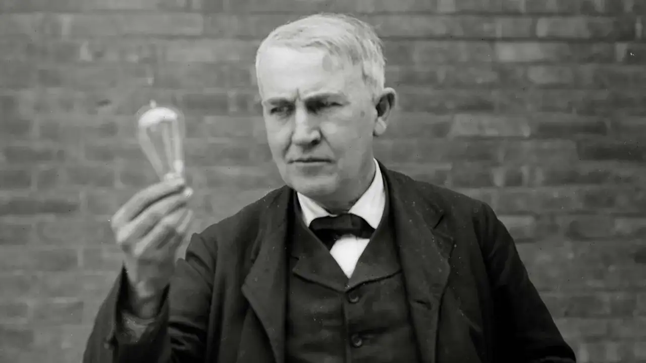 Thomas Edison, który wynalazł żarówkę, trzymając ją w dłoni.
