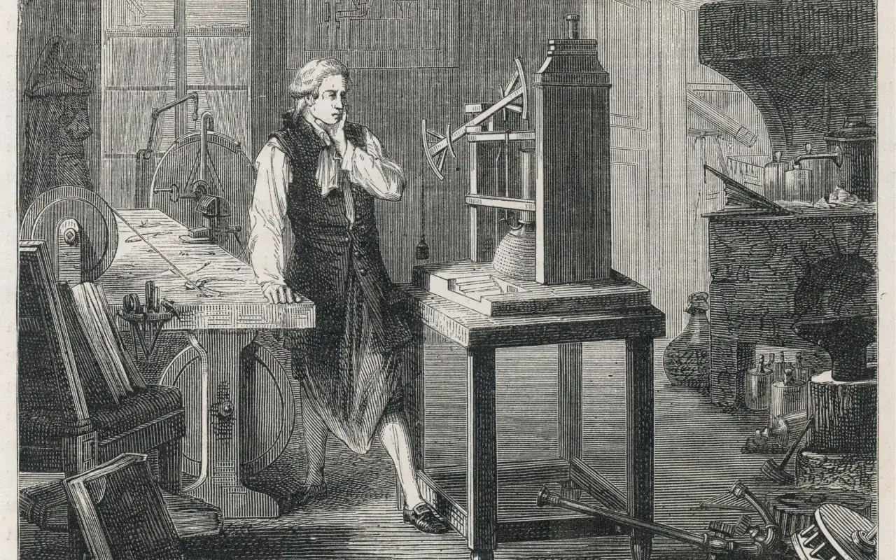 James Watt w pracowni, gdy wynaleziono maszynę parową. Obok niego prototyp maszyny, narzędzia i przyrządy naukowe.