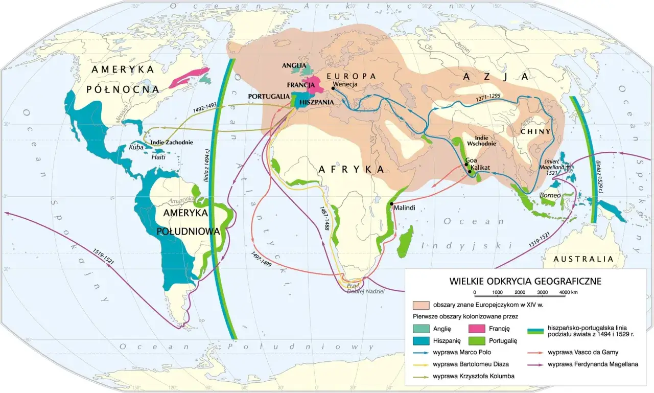 Mapa wielkich odkryć geograficznych. Bartolomeu Dias jako pierwszy odkrył Przylądek Dobrej Nadziei w 1488 roku.