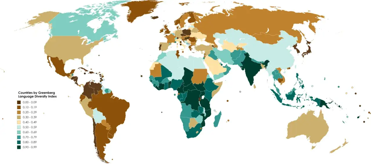Mapa świata pokazująca, ile jest języków na świecie, według Indeksu Różnorodności Językowej Greenberga.