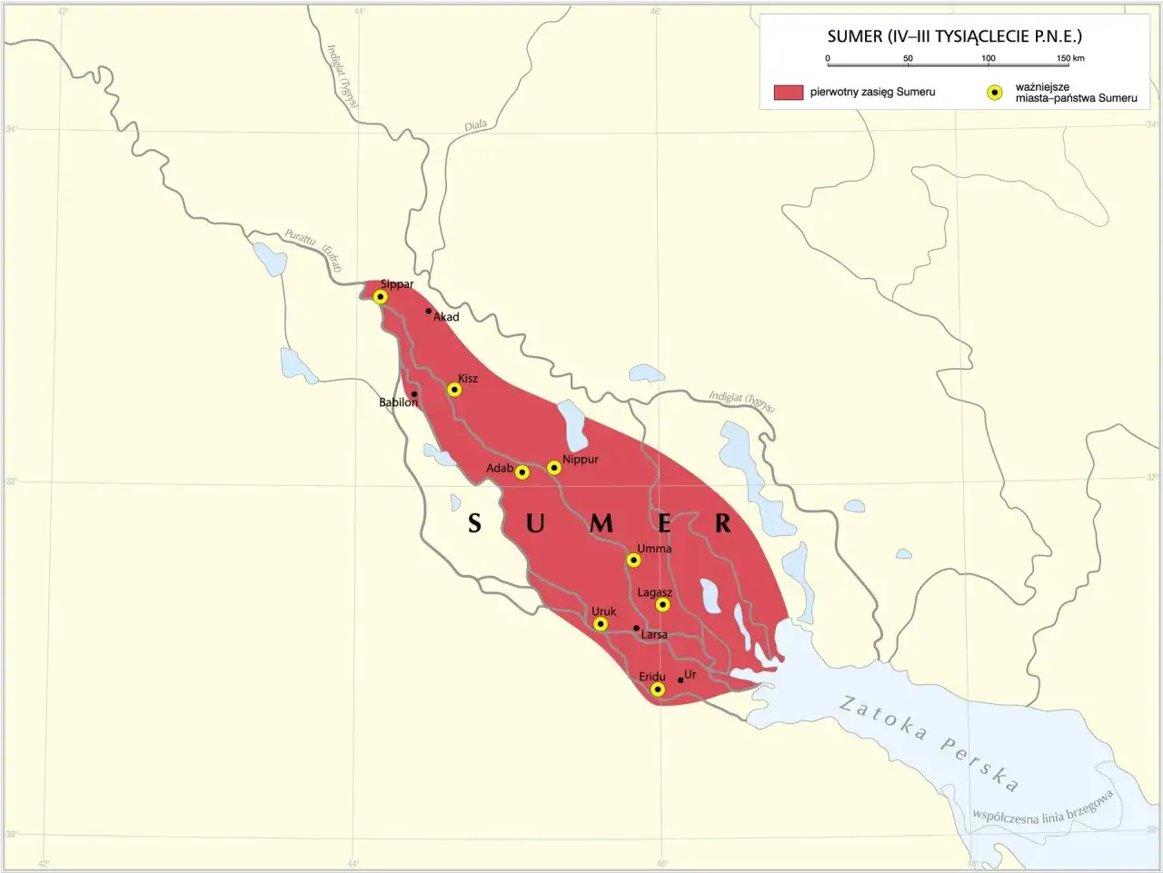 Mapa Mezopotamii z zaznaczonym zasięgiem Sumeru. Tu narodziła się cywilizacja, co wynaleźli Sumerowie? Pismo, koło, pług.