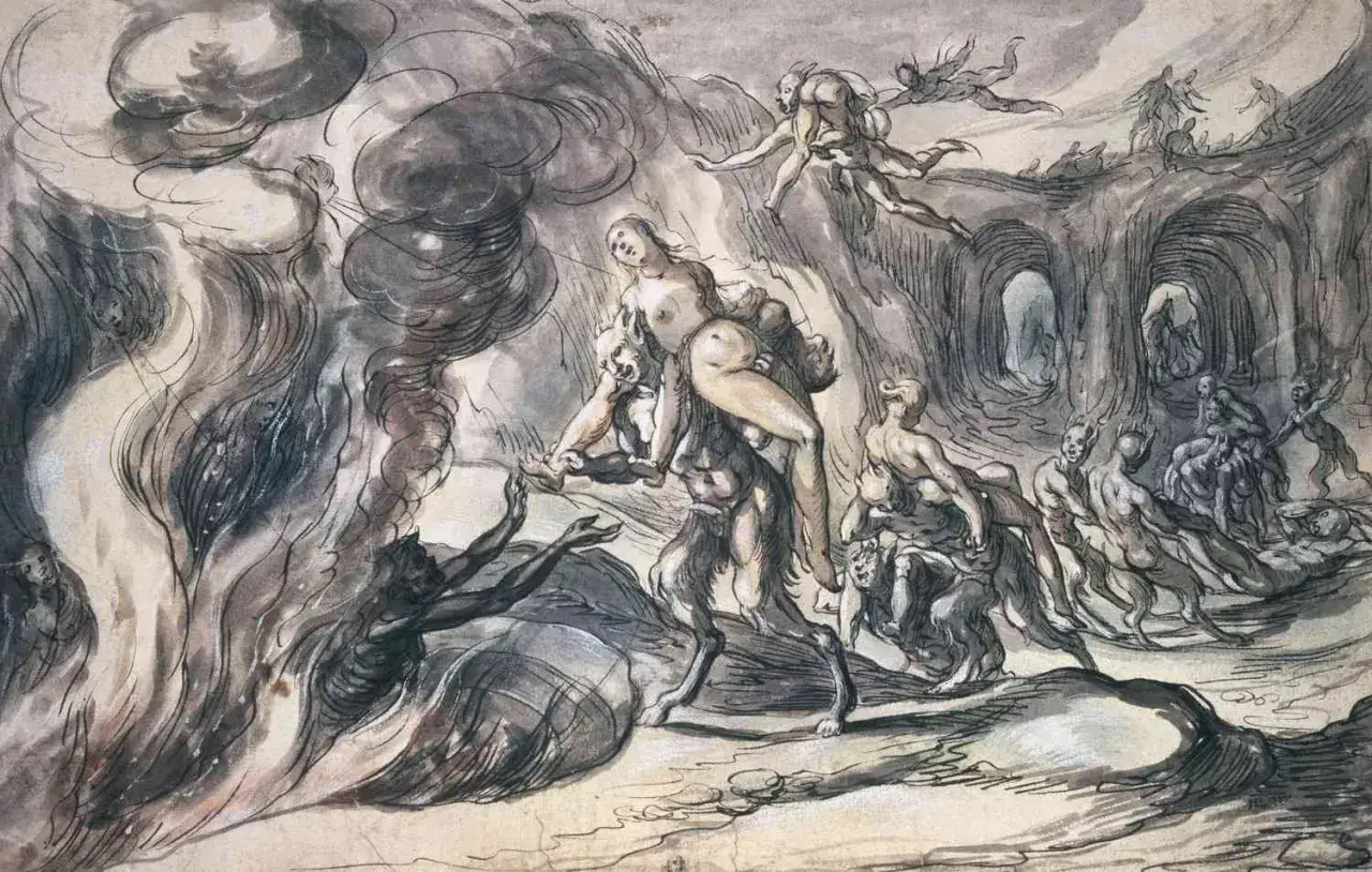 Hades bóg, władca podziemi, w otoczeniu dusz i demonów. Scena pełna mroku i chaosu.