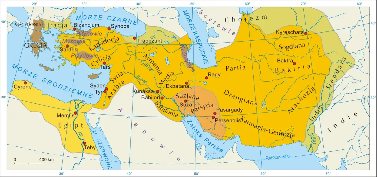 Mapa imperium Aleksandra Wielkiego od Grecji po Indie, ukazująca jego podboje i kluczowe miasta.
