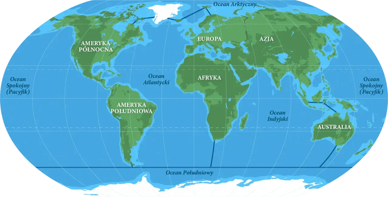 Mapa świata pokazuje, ile jest oceanów na świecie: Arktyczny, Atlantycki, Indyjski, Spokojny i Południowy.