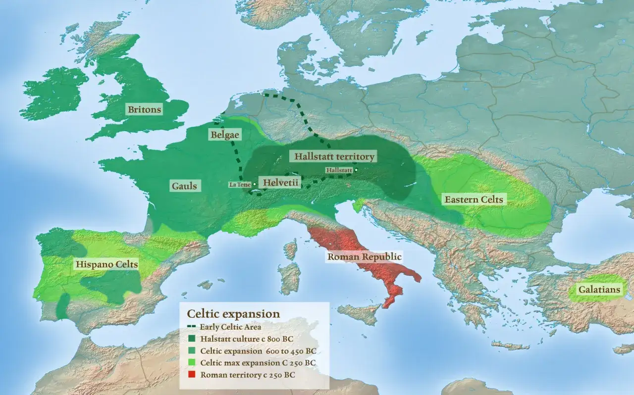 Mapa ekspansji celtyckiej w Europie, ukazująca tereny Galów, Brytów, Galatów i inne.