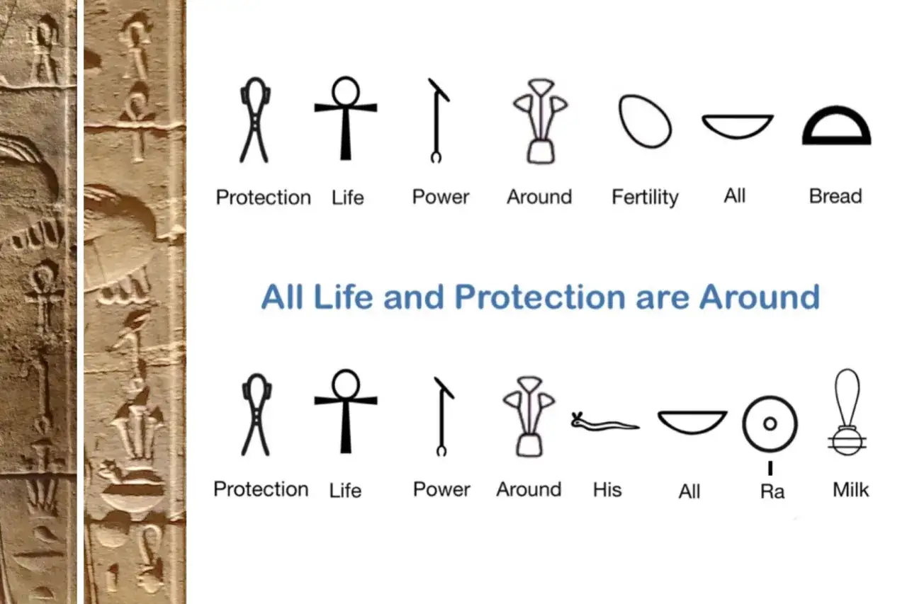Starożytne hieroglify: ankh symbolizuje życie, obok inne znaki oznaczające ochronę, moc, płodność i chleb.